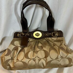 Coach Gold and Brown Signature Sateen Bag